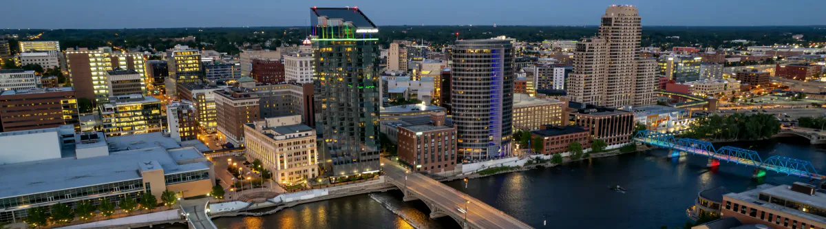 Downtown Grand Rapids and the Grand River at dusk